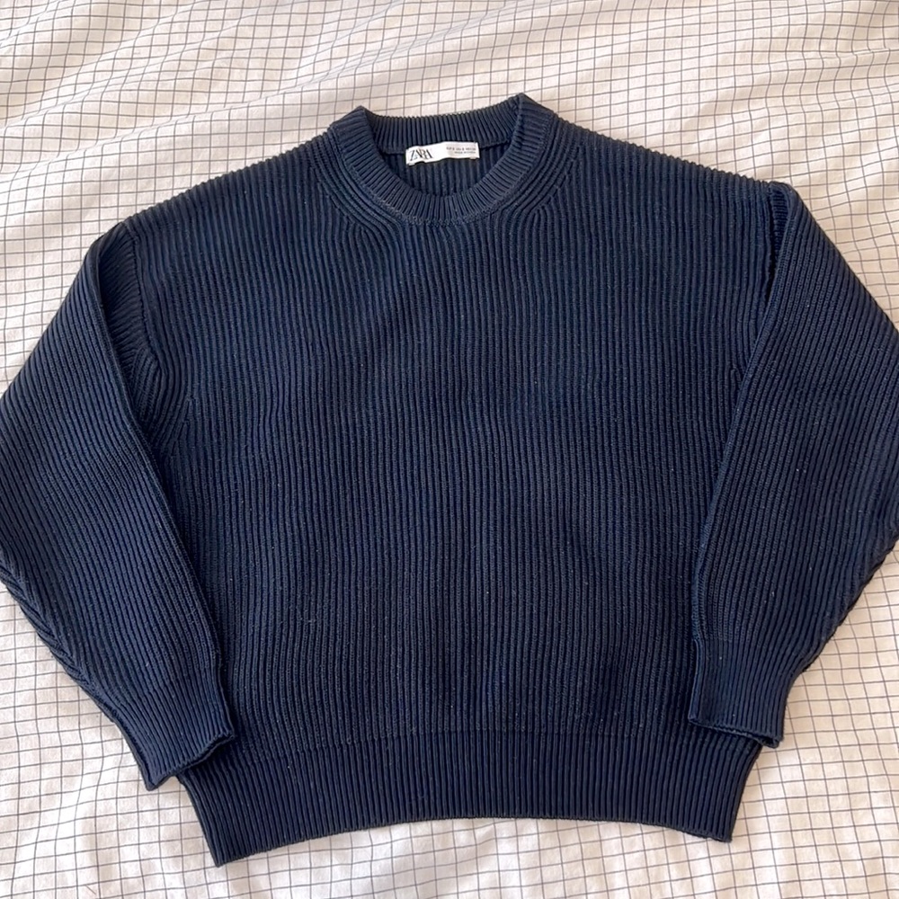 Zara Navy Knit Ribbed Crewneck Sweater size Small